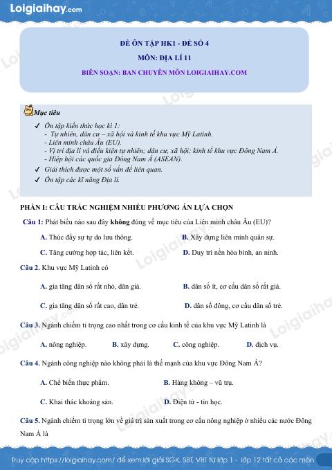 Đề kiểm tra học kì 1 Địa lí 11 - Đề số 4